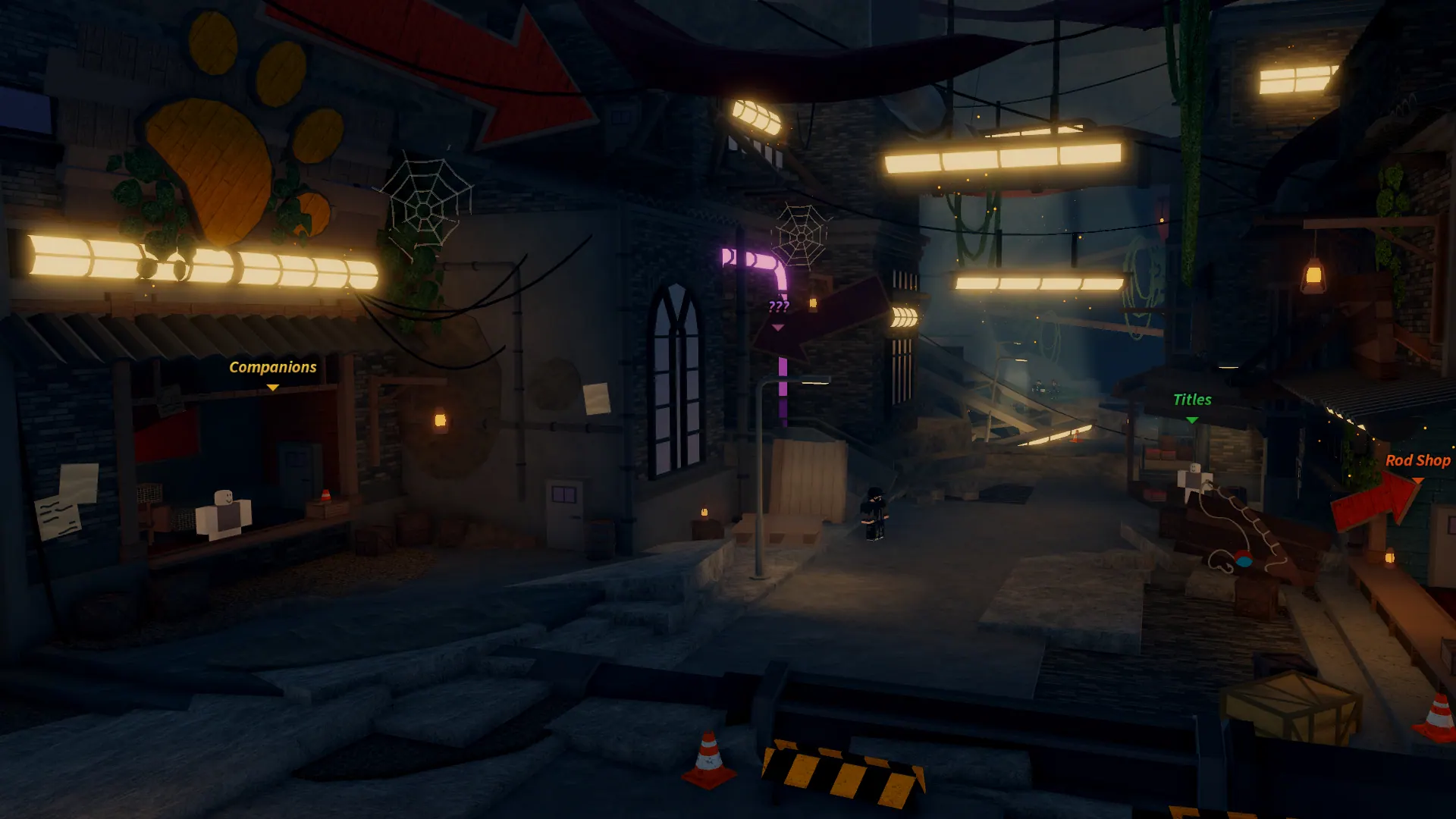 The Shady Bazaar in Fisch —Companions, Titles and Rod Shop stalls visible